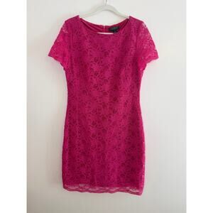 Lauren Ralph Lauren Fuchsia Lace Sheath Dress Cocktail Party Wedding Size 12
